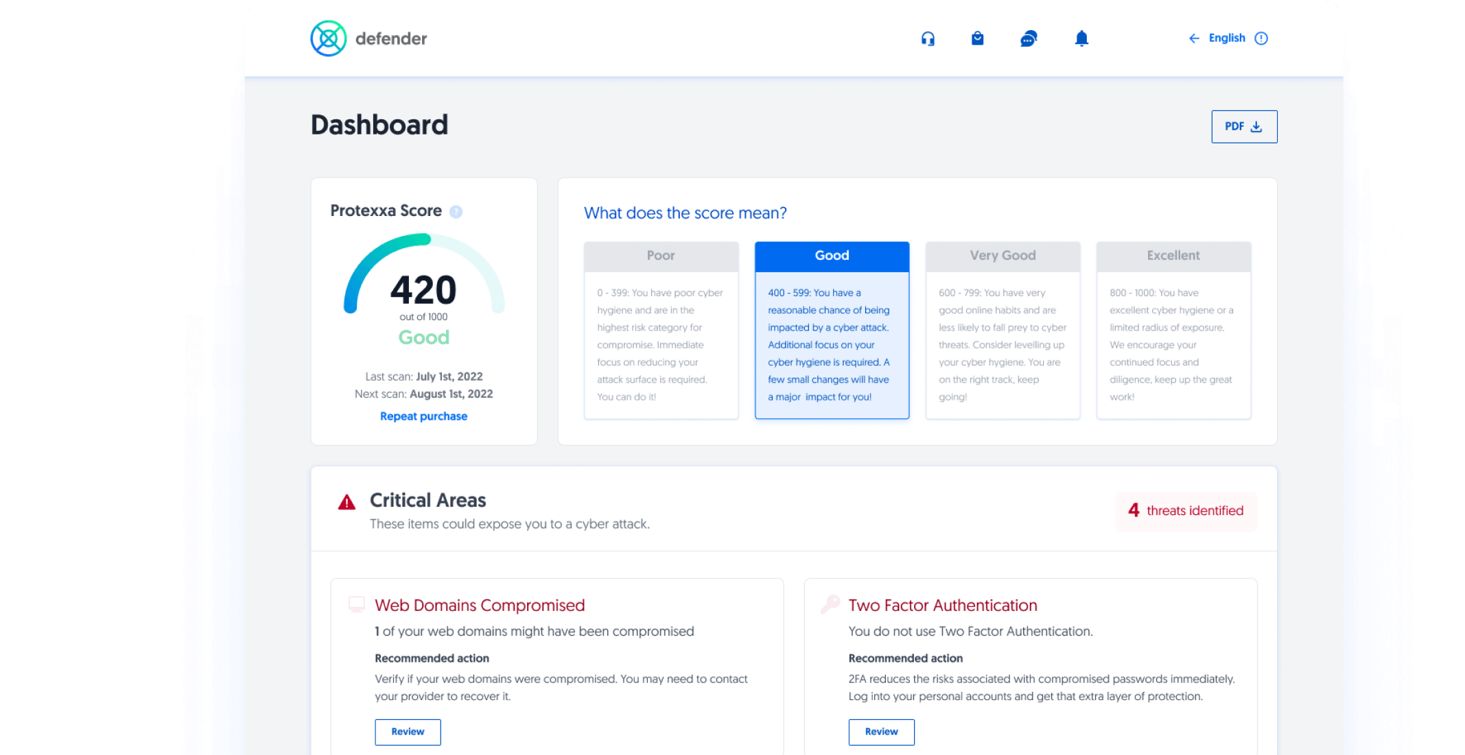 <h4>Protexxa Defender brings <strong>visibility</strong> to cyber risks across your organization, provides <strong>personalized</strong> guidance on fixes, and offers <strong>on-demand support</strong> in the event of an organization-wide cyber incident.</h4>
